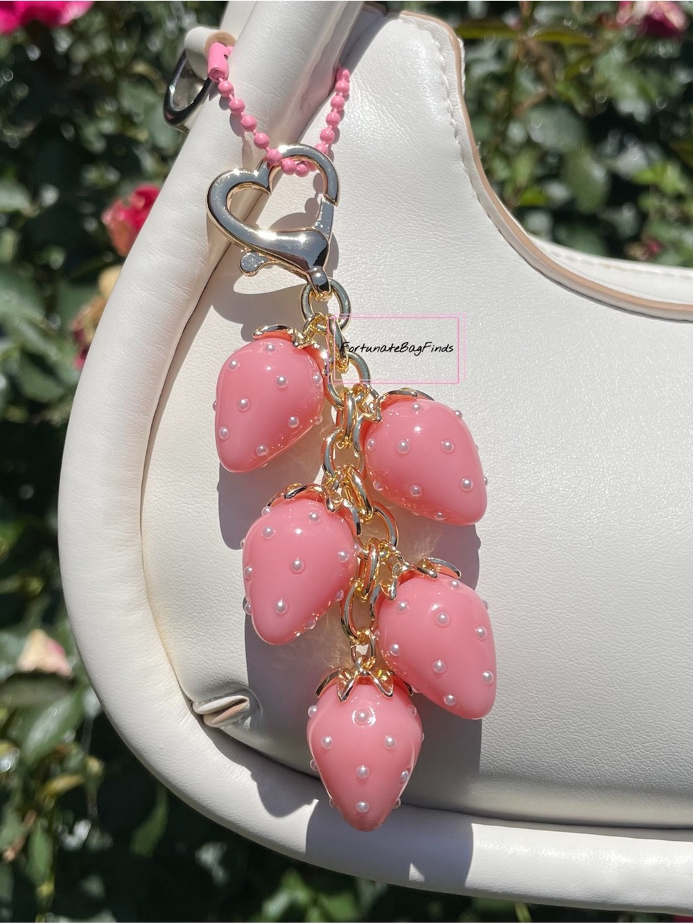 Pink Pearl Heart Strawberry Cluster Charm Coquette Cute Kawaii Bag Purse Charm - Picture 5 of 7